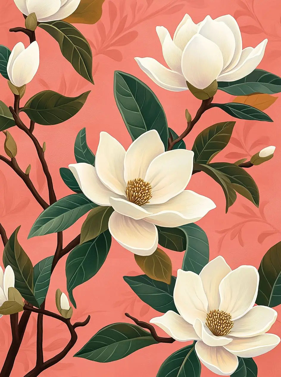 Fleurs Blanches sur fond Corail