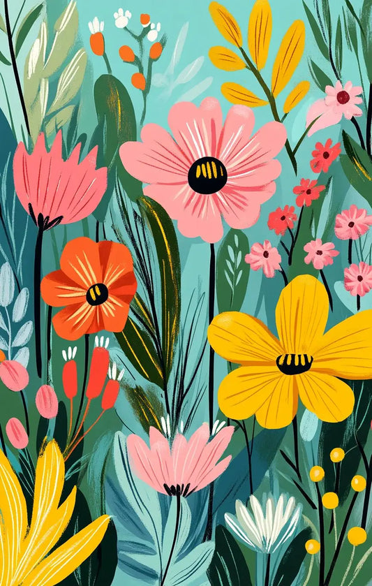 Fleurs sur Fond Turquoise