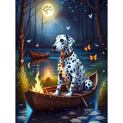 Dalmatian in boat moonlight.